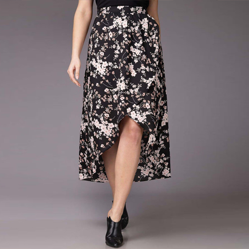 Freehand Women Flared Floral Printed Mid-Rise Asymmetric Midi Skirt