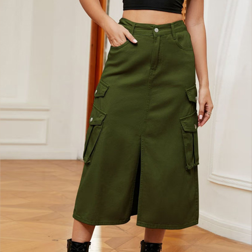 Oh Rare Olive Green Denim A-Line Midi Skirt