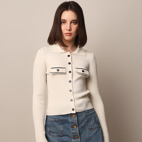 ONLY Off White Ribbed Button Fly Top