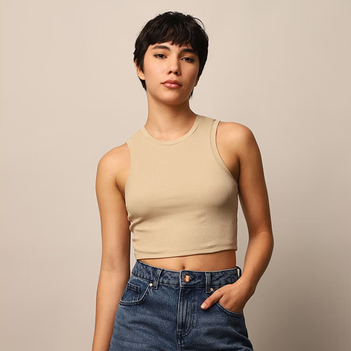 ONLY Beige Ribbed Cropped Tank Top