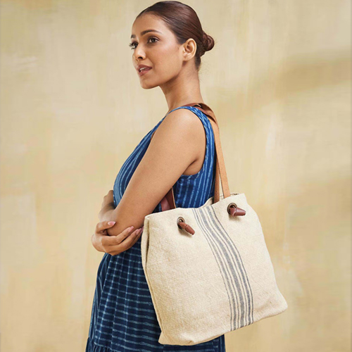 Fabindia Women Beige and Blue Jute Tote Bag