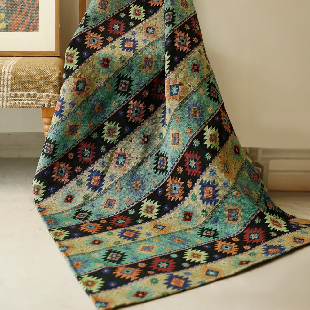Turquoise Blue Cotton Woven Geometrical Rectangle Throws