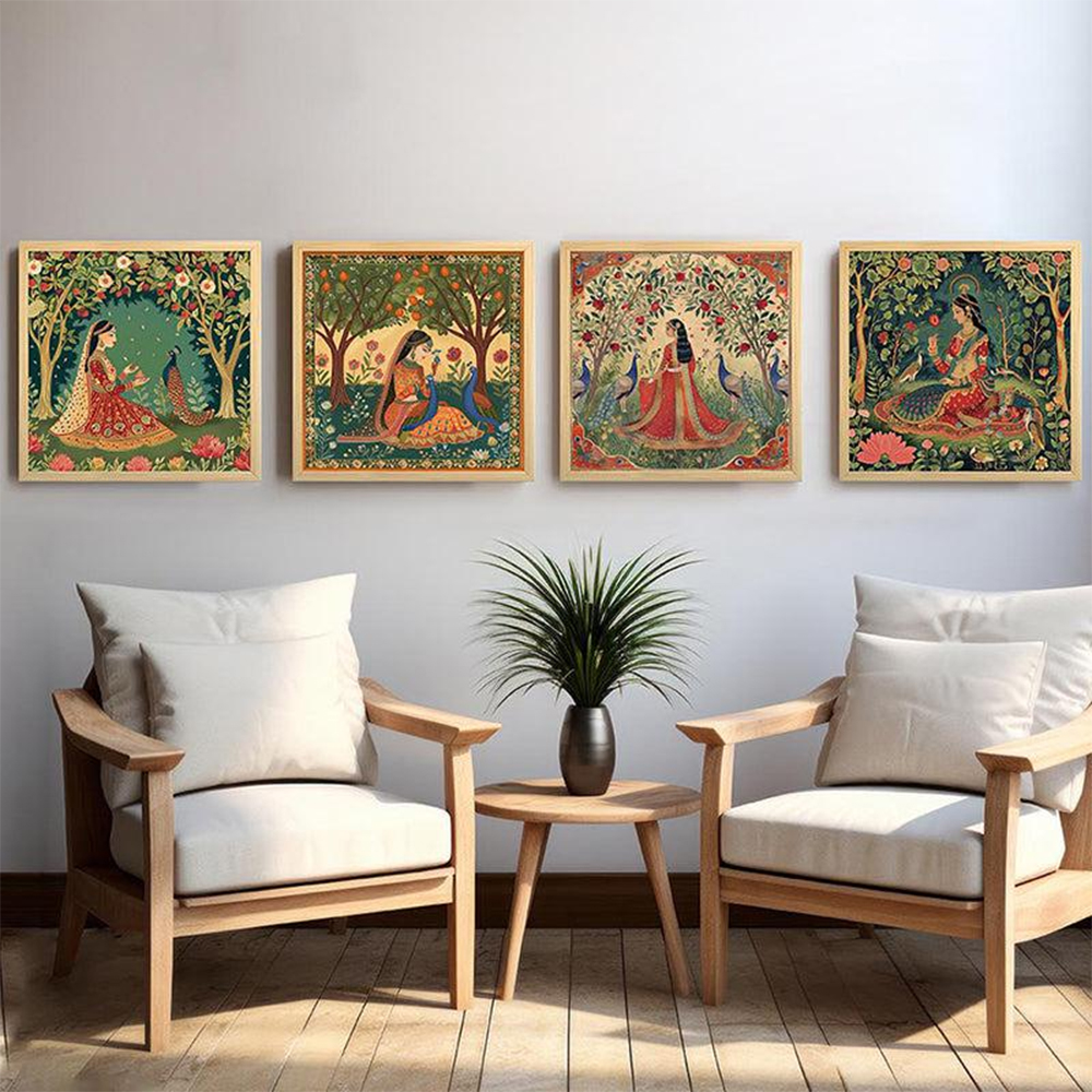 Vanasundari Mughal Wall Art With Frame (Red) - Set Of Four