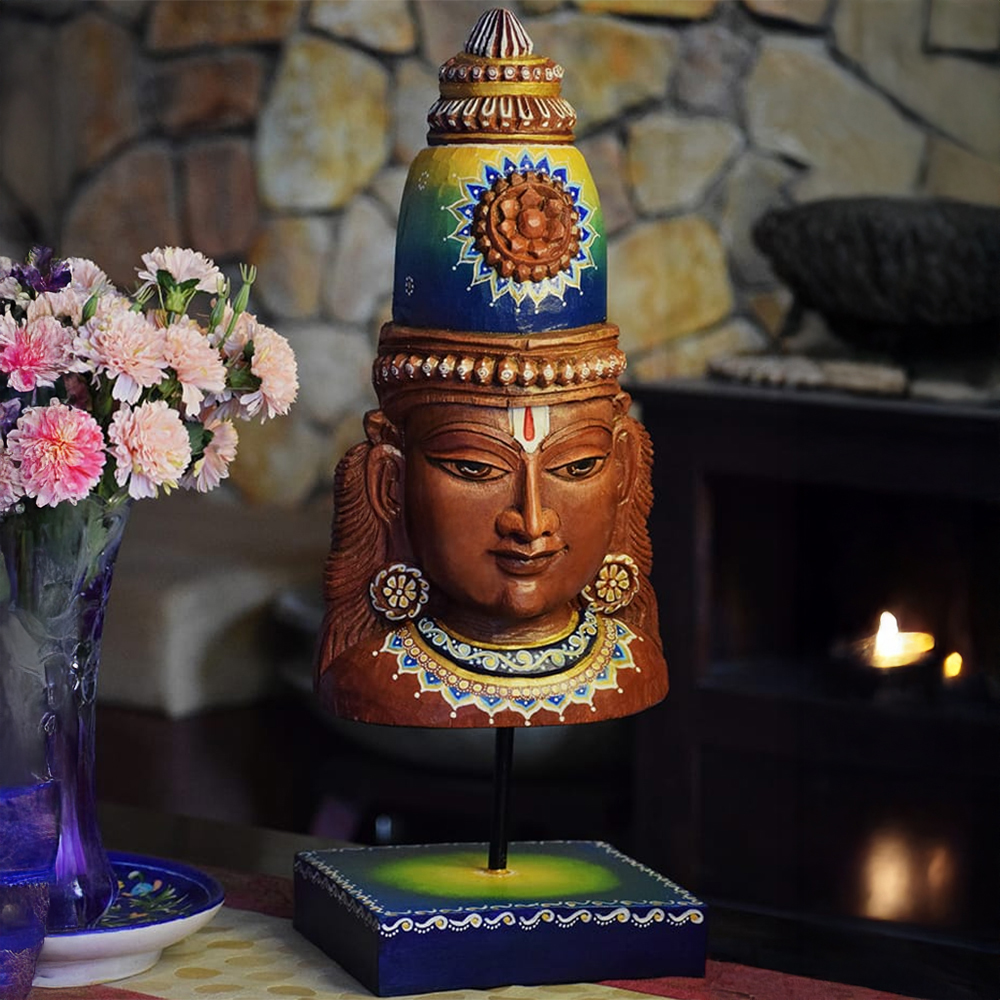 Wooden Hand Painted Vishnu Head on Stand