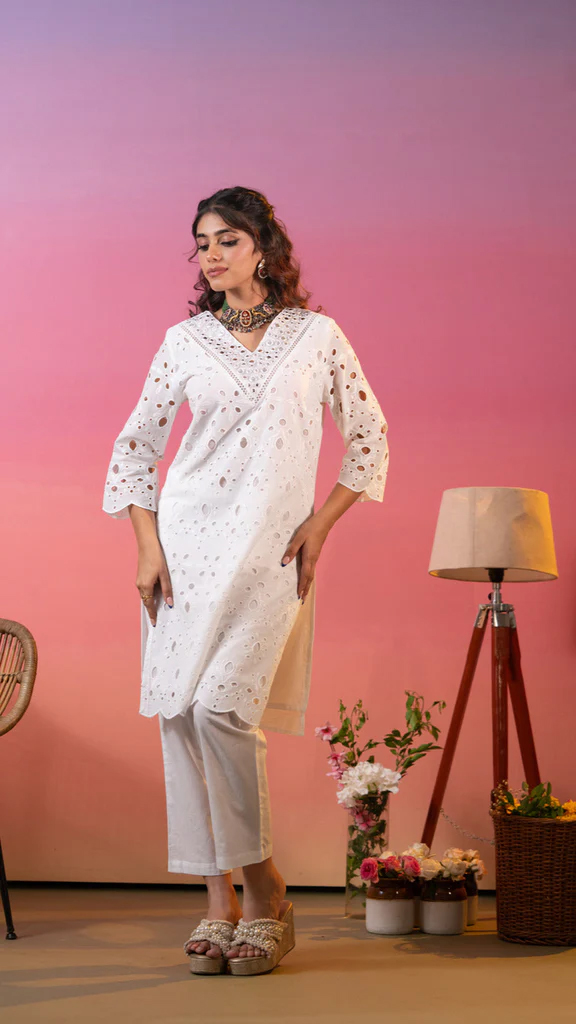 White Eyelet Embroidered Cotton Co Ord Set