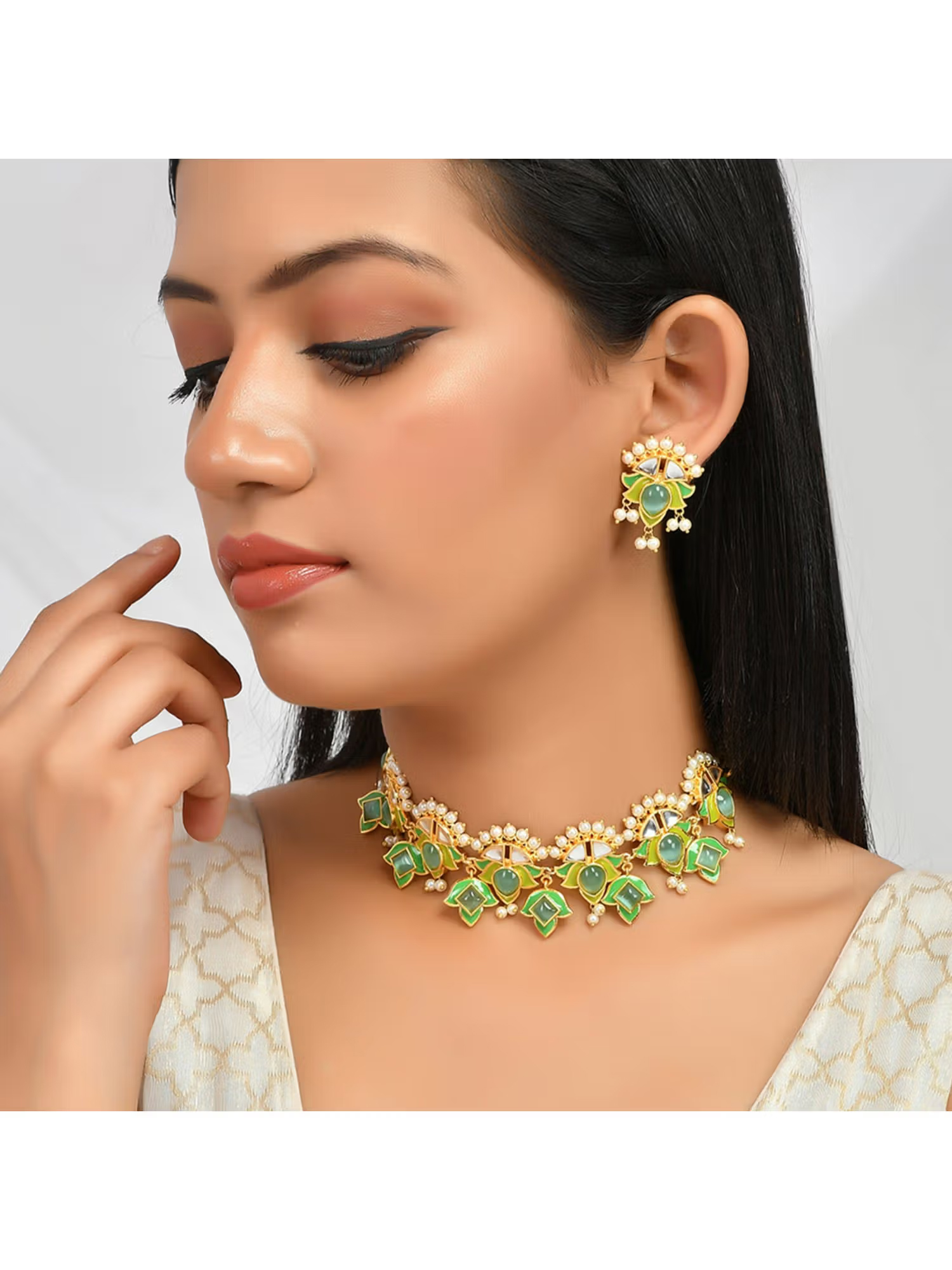 Voylla Forever More Green Stones and Pearls Enamelled Jewellery Set
