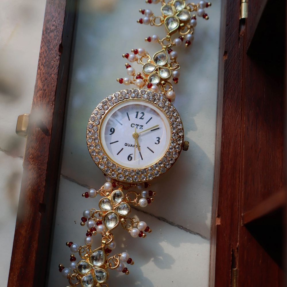 Kaashnii Sandra Kundan Red Wrist Watch