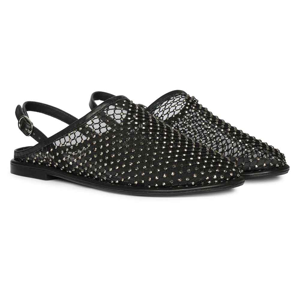 Saint Elira Strass Embellished Black Mesh & Leather Flats