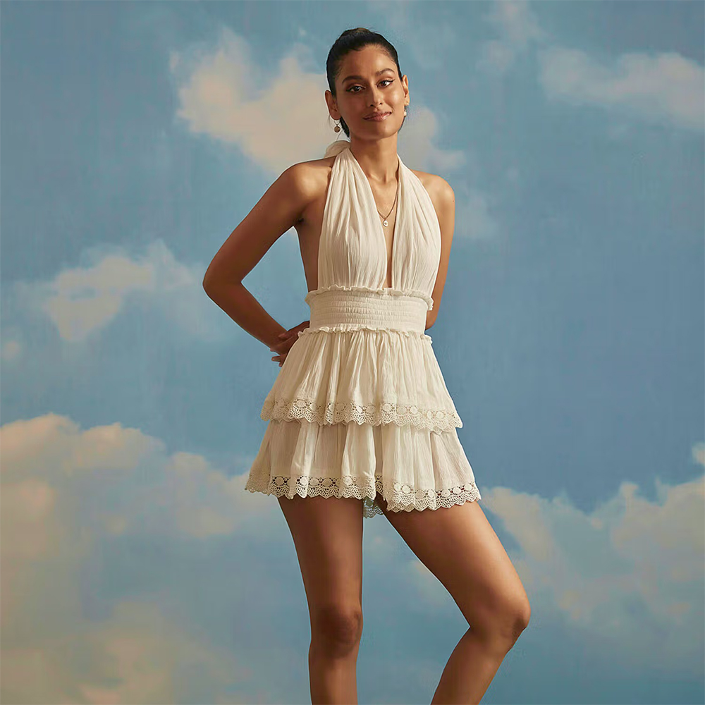 Halter Neck Tie Up Dress With Lace Detail