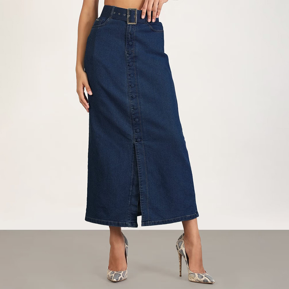 Women Navy Blue Maxi Denim Skirt With Belt (Set of 2)