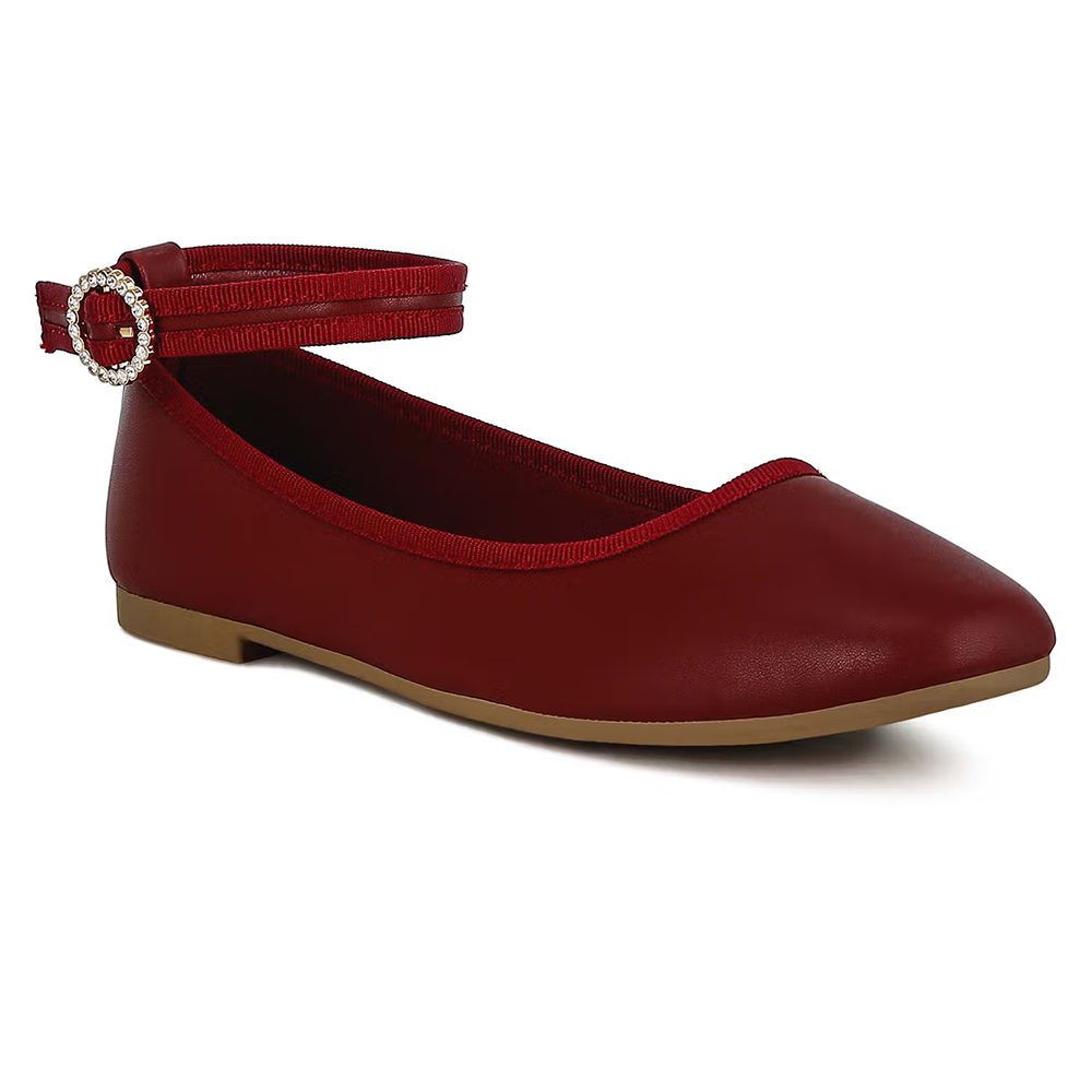 Women Ankle Strap Detail Ballet Flats Maroon
