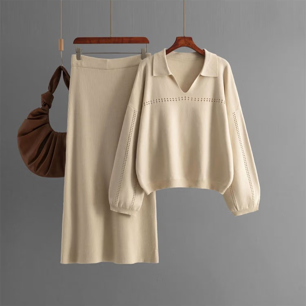Off White Aster Premium Woolen Sweater With Skirt (Set of 2)