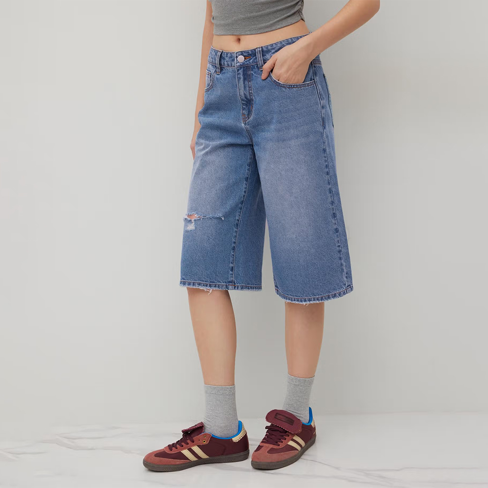 Denim Low Rise Ripped Wide Leg Jorts