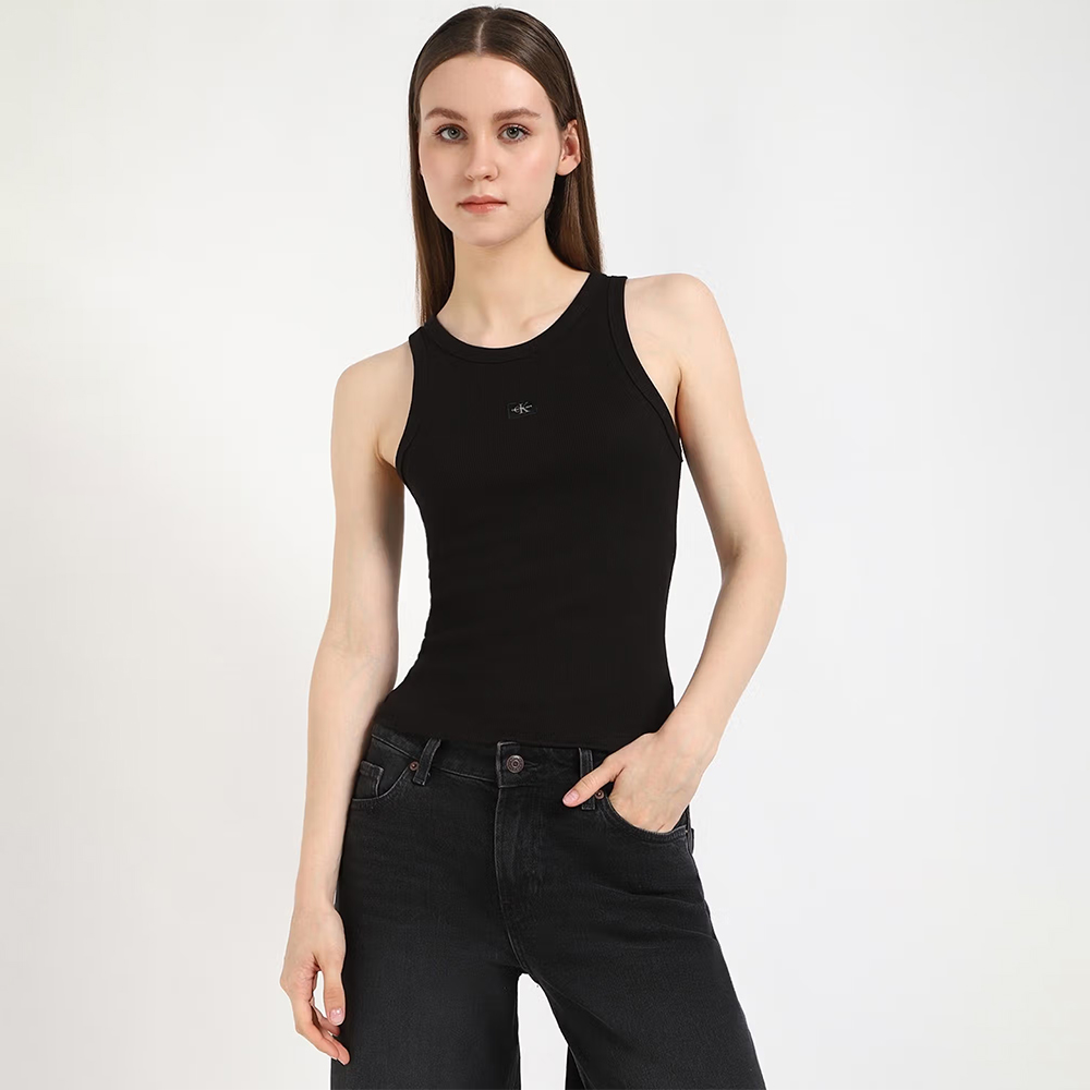 Slim-Fit Black Cotton Round Neck Tank Top