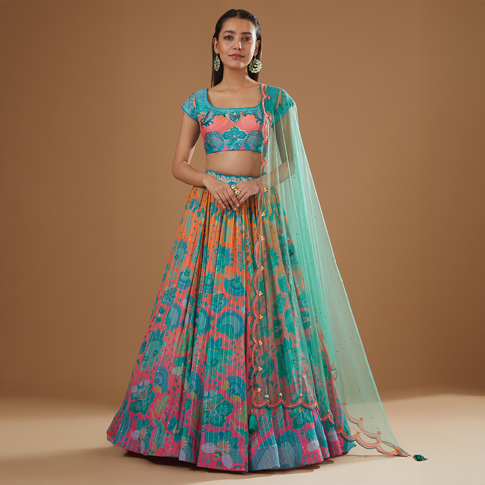 Salmon Apricot Ombre Printed Sequins Georgette Lehenga Set