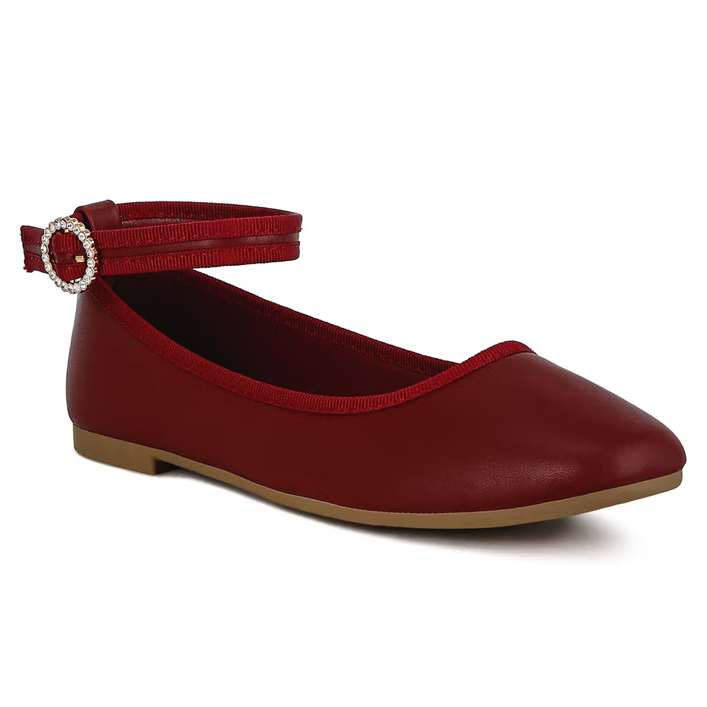 London Rag Women Ankle Strap Detail Ballet Flats Maroon