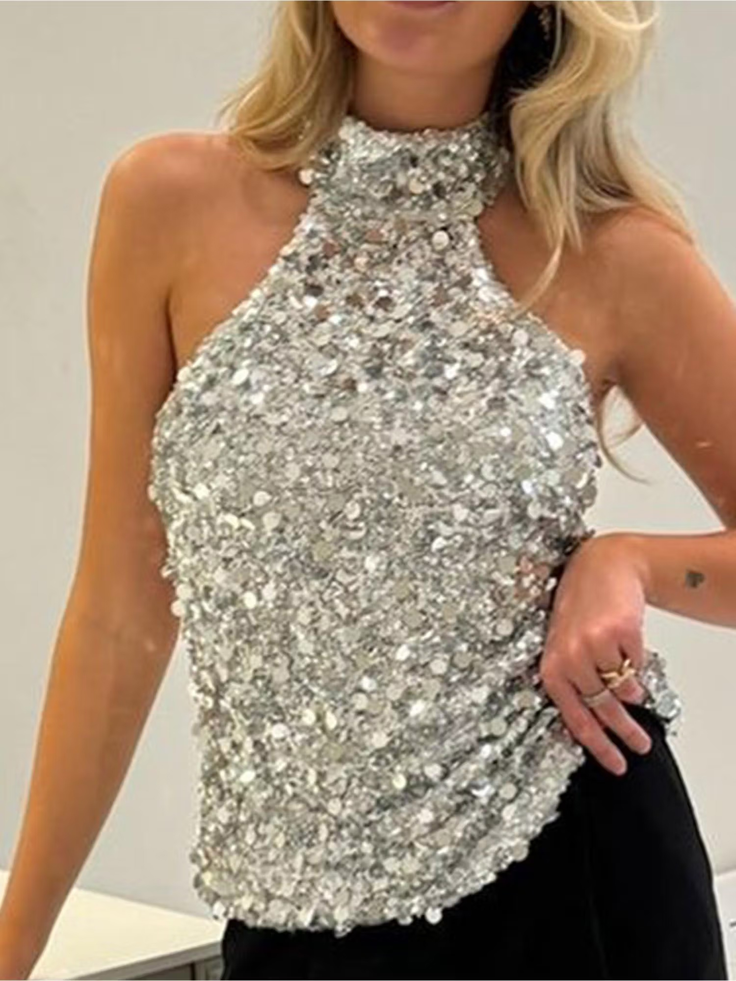 Outzidr Silver Party Sequin Racer Neck