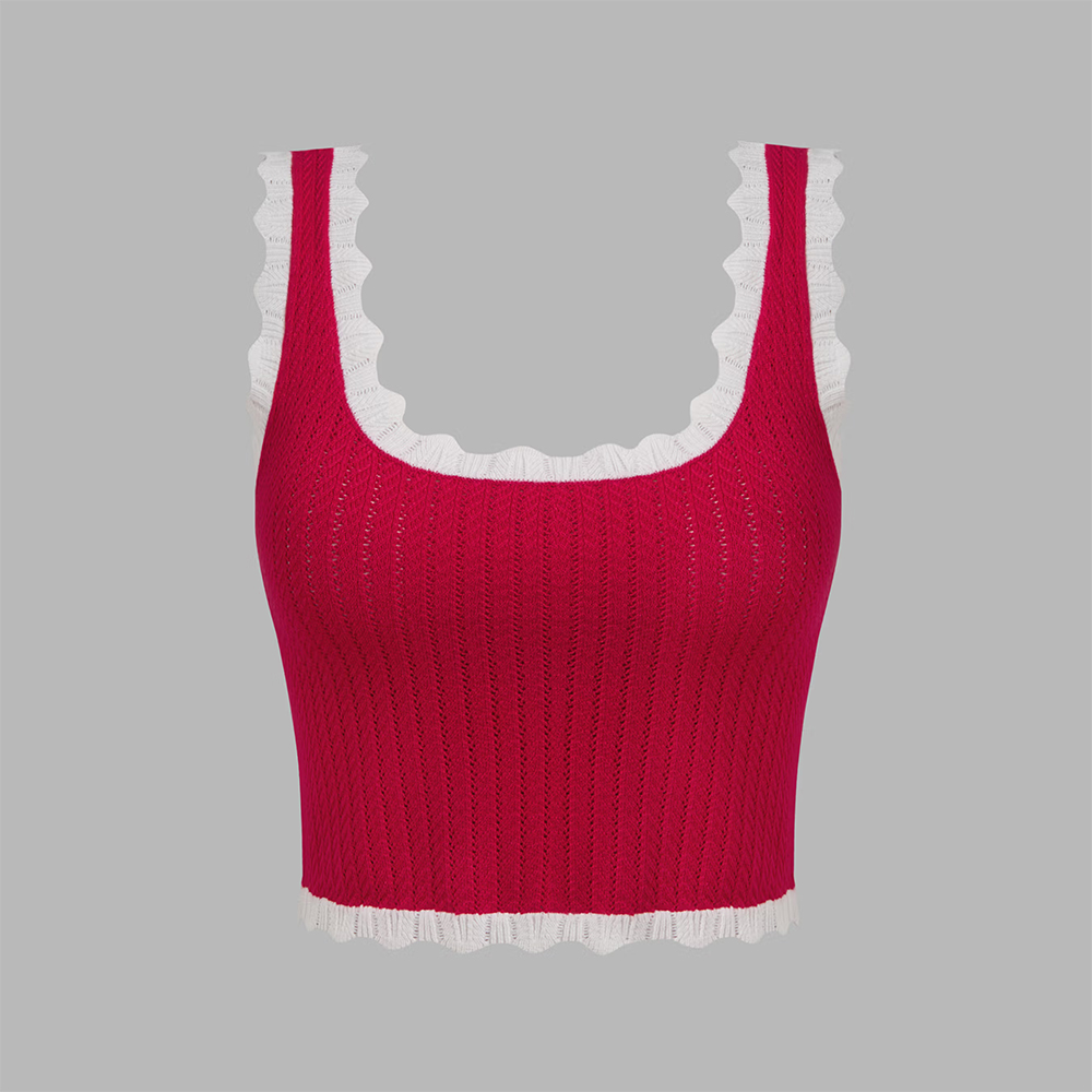 Cider Knit Scoop Neckline Solid Contrasting Binding Crop Tank Top