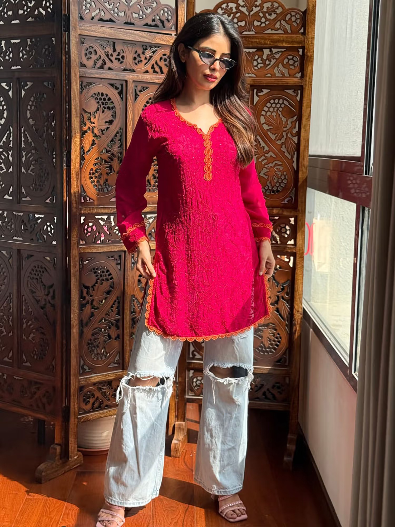 Label Aishwaryrika Sunkissed Magenta Chikankari Short Kurti