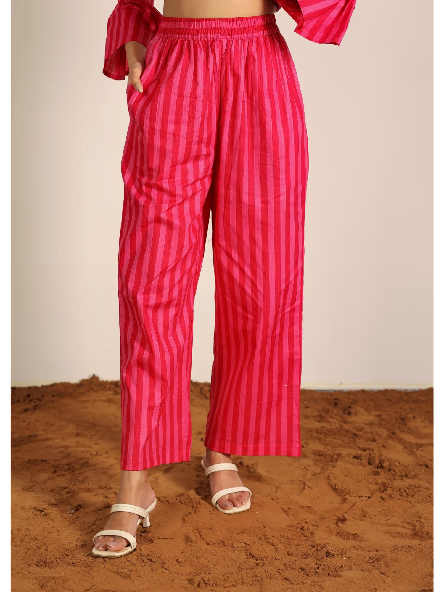 Kaori By Shreya Pink and Red Cotton Striped Trousers