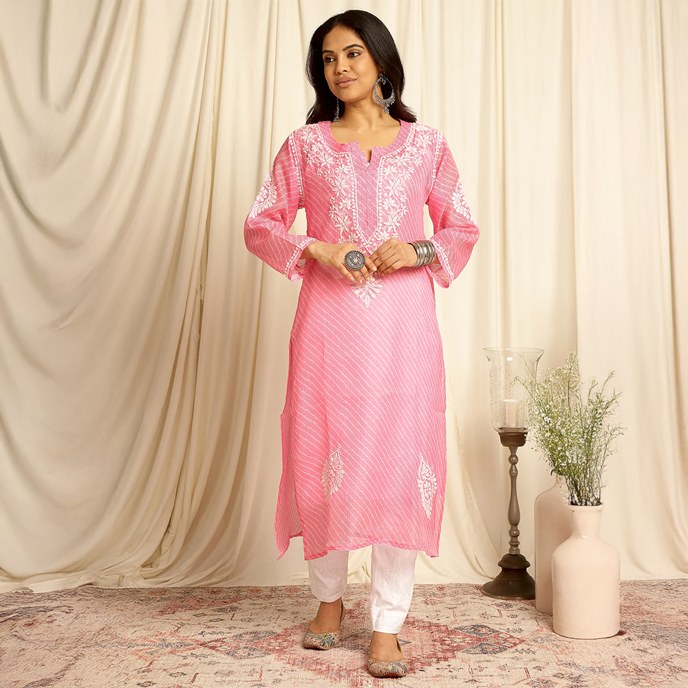 Tahiliya Pink Kota Doria Chikankari Kurta