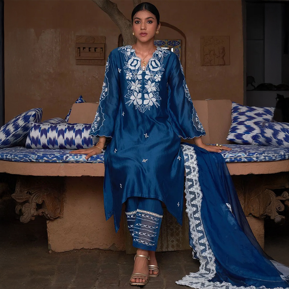 The Loom Blue Chikankari Chanderi Kurta with Pants