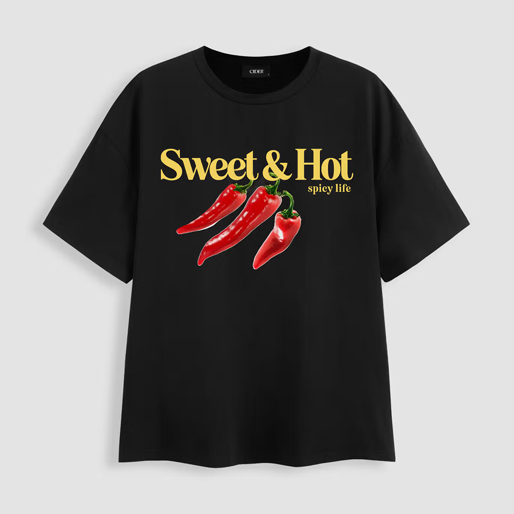 Cider Sweet & Hot Round Neckline Pepper Graphic Short Sleeve Oversized Tee