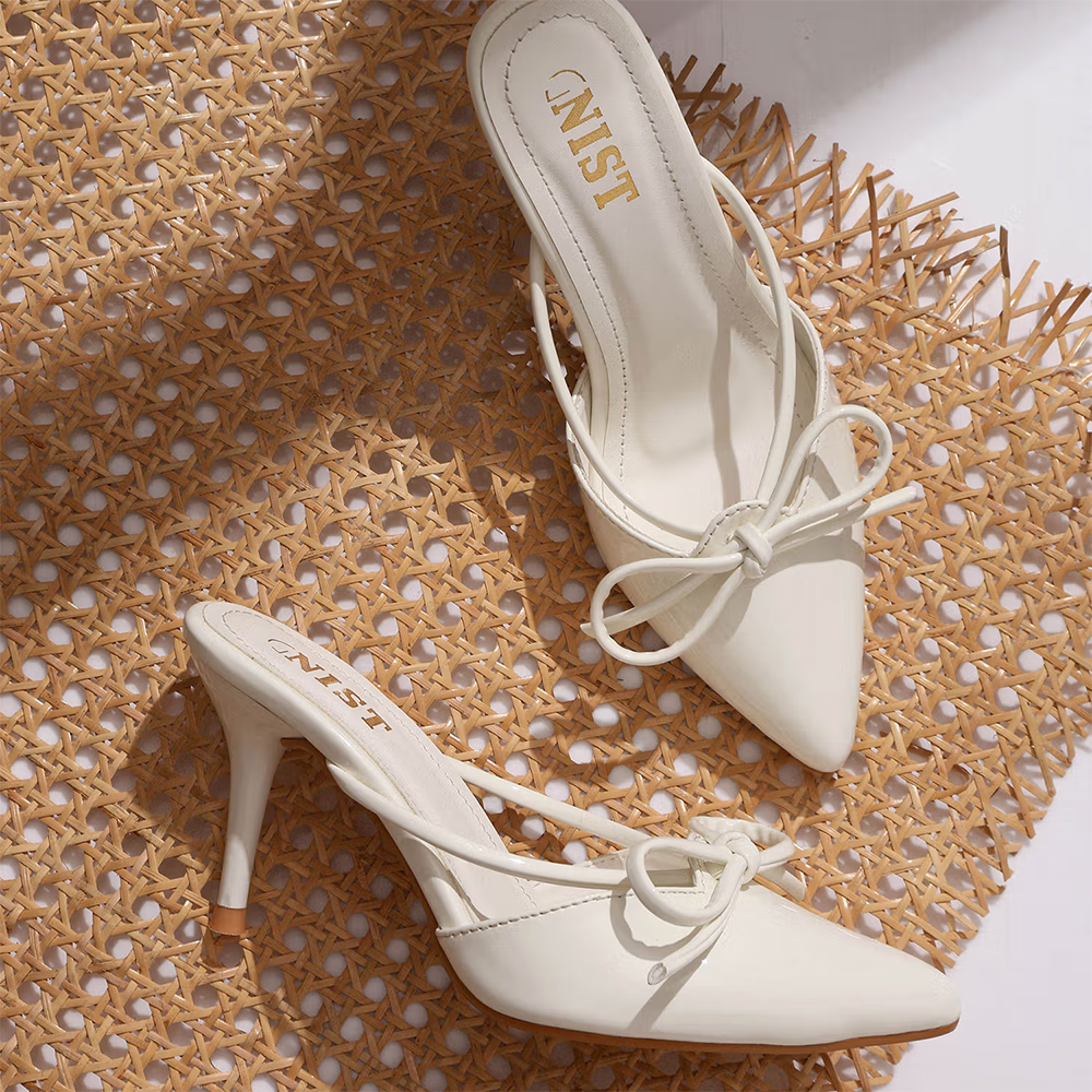 GNIST Pointed Bow White Stiletto Mules Heels