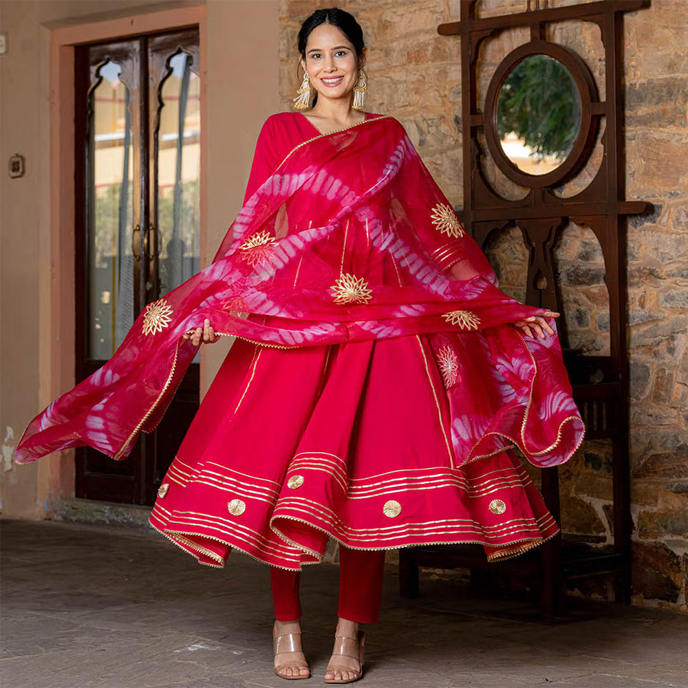 Opulent Pink Gota Anarkali Kurta With Pant & Dupatta (Set of 3)