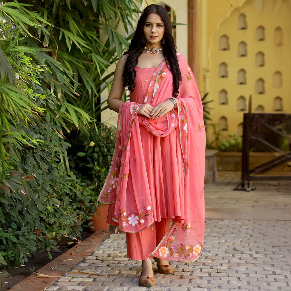 Coral Hand Painted Cotton Anarkali Kurta with Pant & Dupatta (Set of 3)