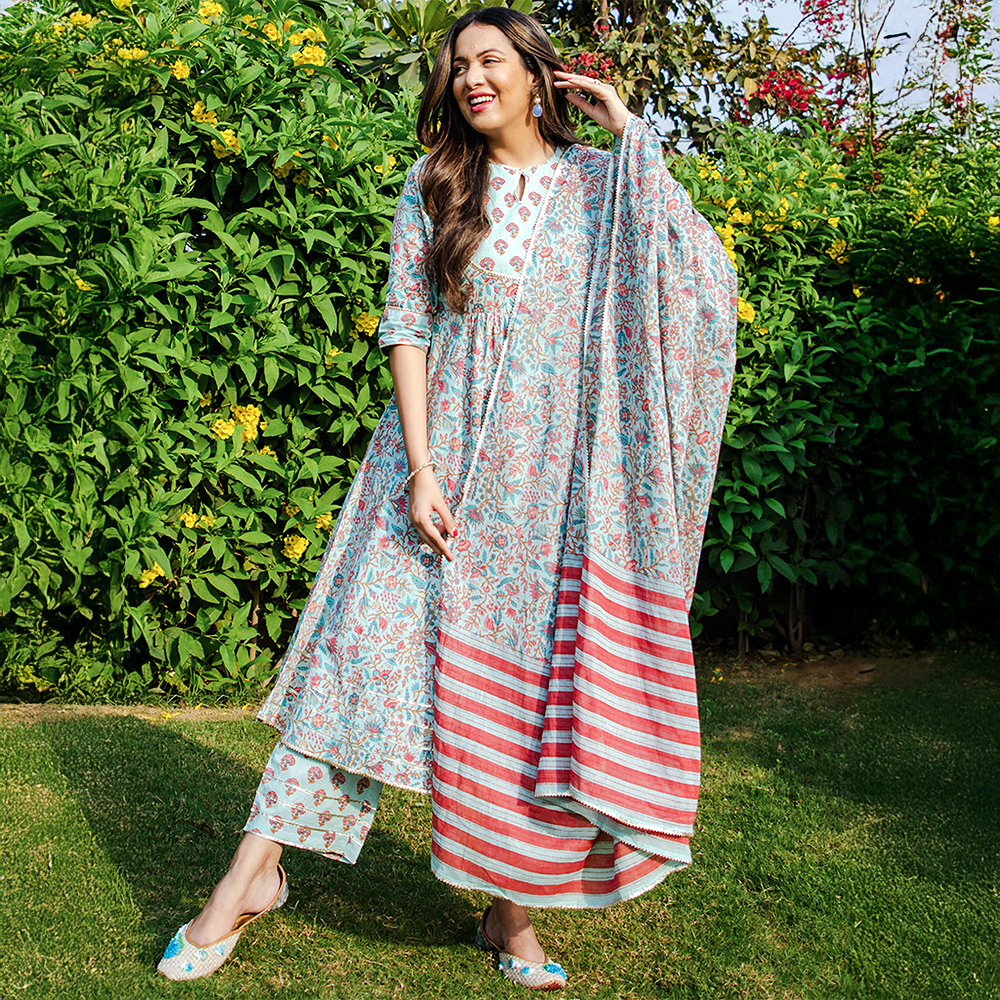 Blue Pure Cotton Floral Anarkali Kurta with Pant and Dupatta (Set of 3)