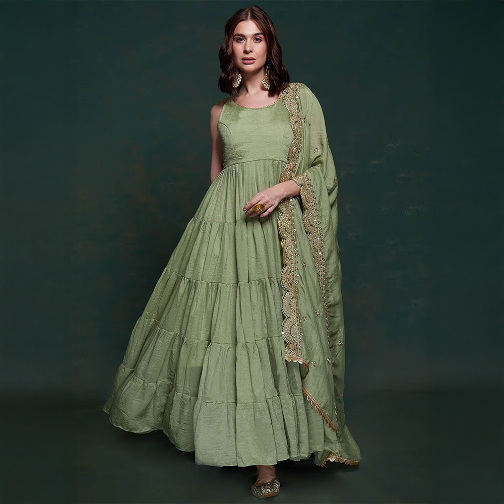 Olive Solid Georgette Stitched Gown for Women (Set of 2)