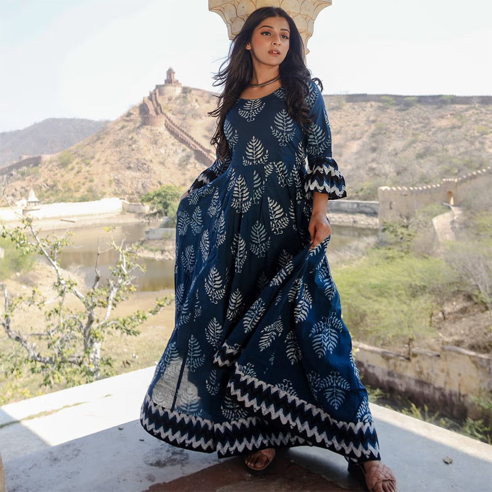 Blue Long Cotton Anarkali Kurta