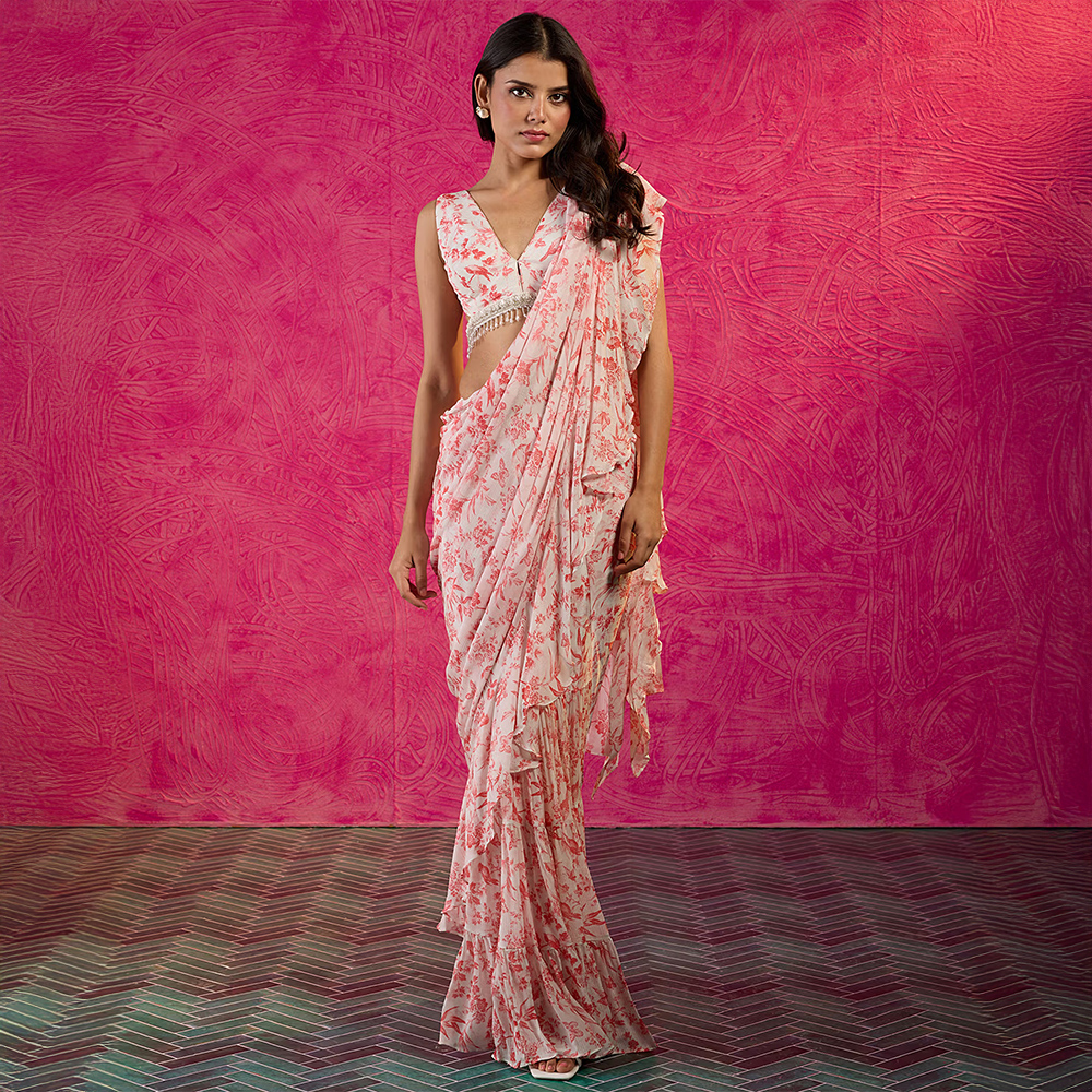 Frida Farida Coral Printed Chiffon Ruffled 1-Minute Saree