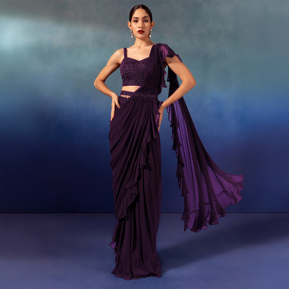 Purple Chinon Pre-Stitched Saree