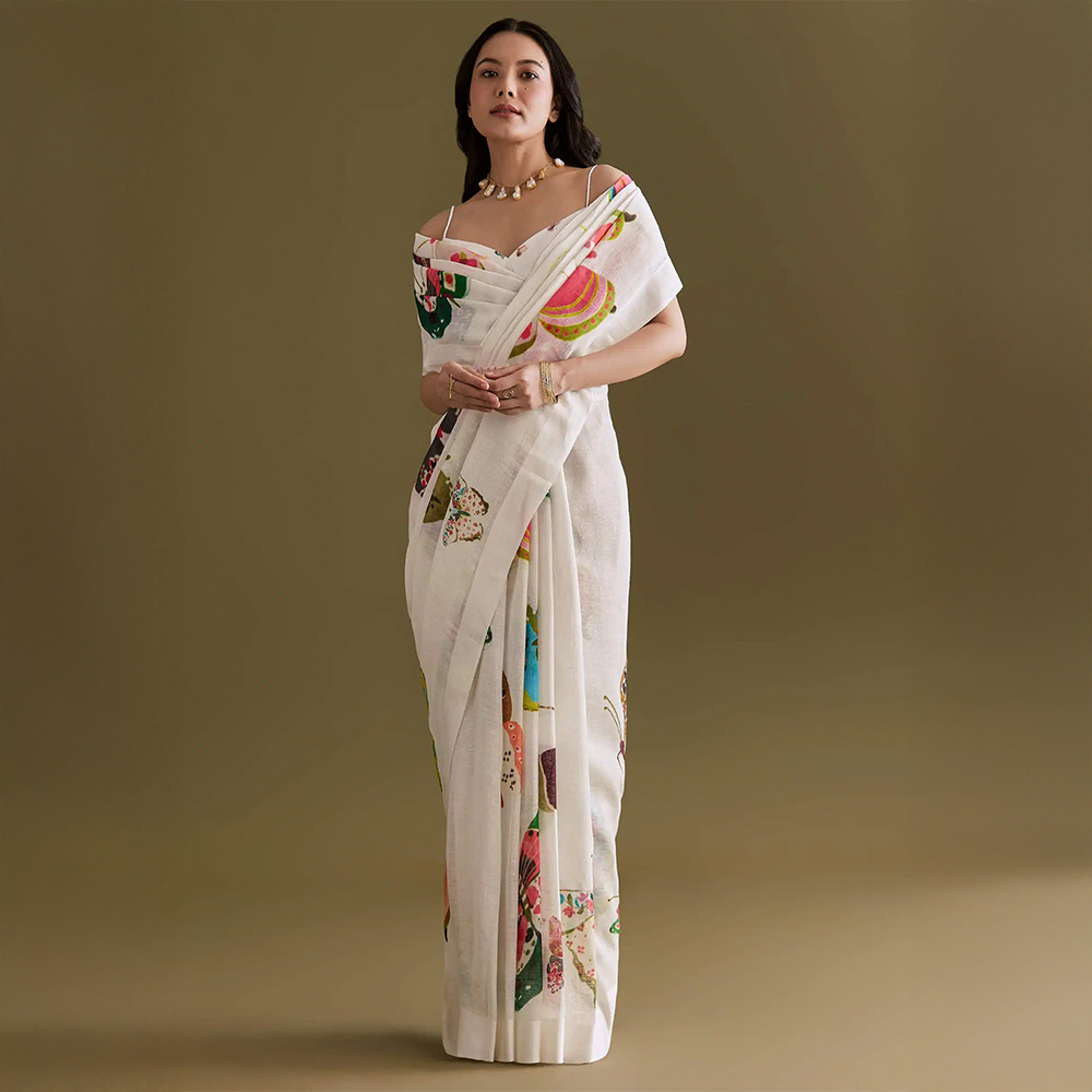Ivory Cotton Linen Saree