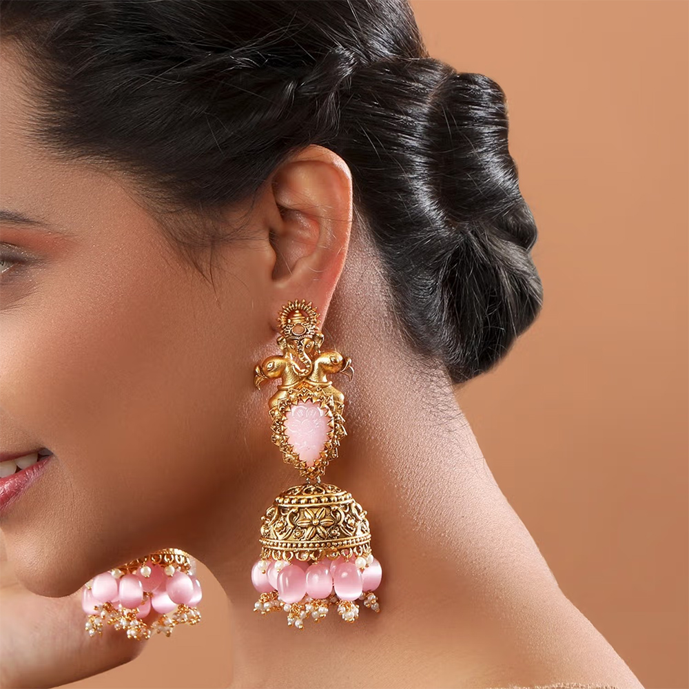 TIZORA Pink Carved Stone Antique Jhumki Earrings