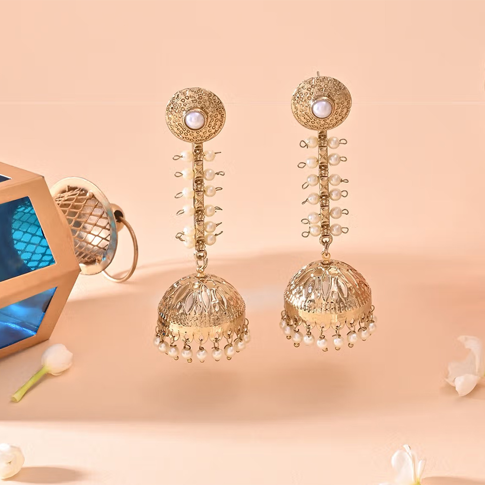 Fida White Ethnic Wedding Dome Shape Pearl Temple Women Jhumki Earrings