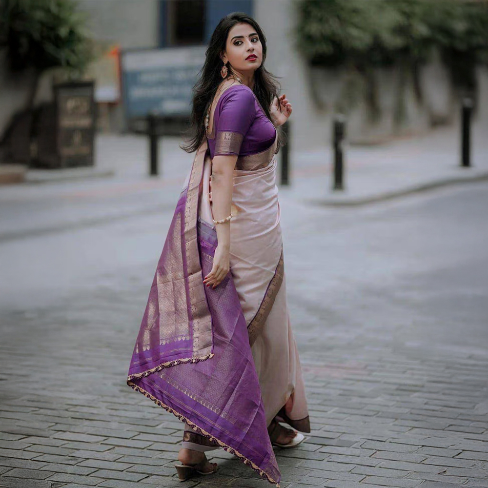 Anjaneya Sarees Women Beige Banarasi Woven Saree with Unstitched Blouse