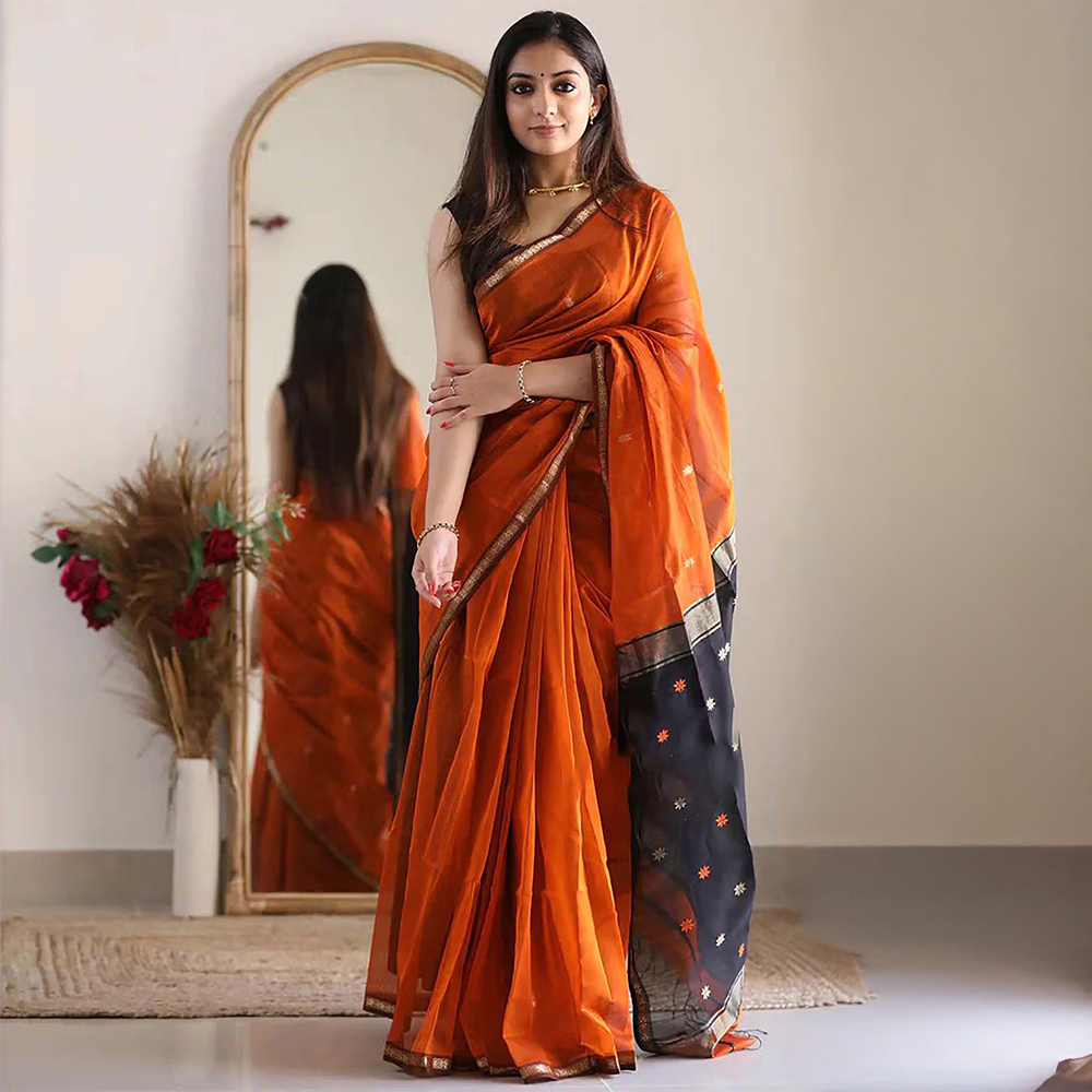Anjaneya Sarees Orange Woven Designer Cotton Silk Kanjivaram Saree with Unstitched Blouse