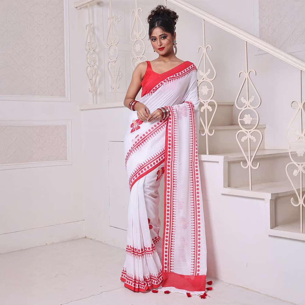 CHARUKRITI White Hibiscus Printed Bengali Style Mulmul Cotton Soft Saree Without Blouse