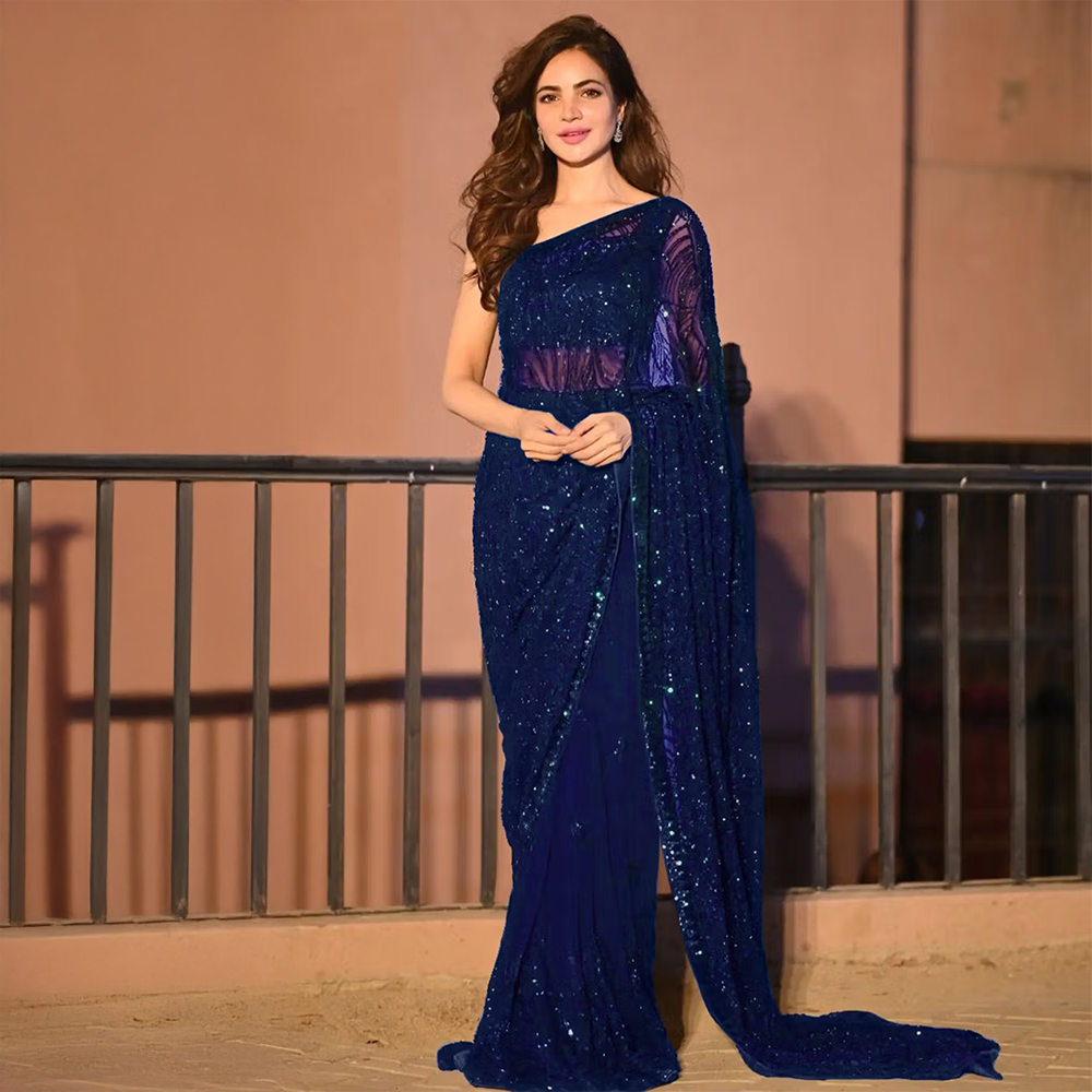 Akhilam Blue Women's Georgette Embellished Saree with Unstitched Blouse
