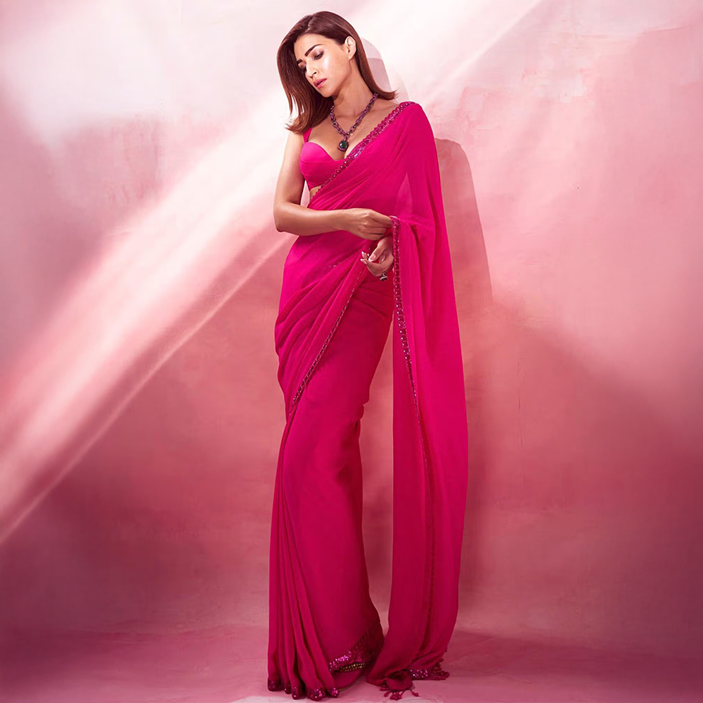 Saree Mall Women's Georgette Pink Embellished Designer Saree with Unstitched Blouse