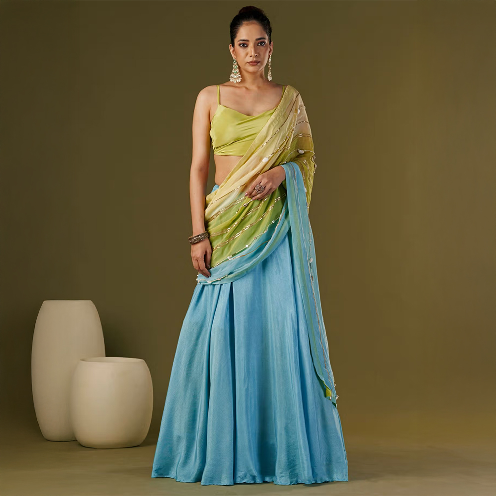 AFFROZ Sky Blue Lehenga Saree with Cowl Neck Stitched Blouse