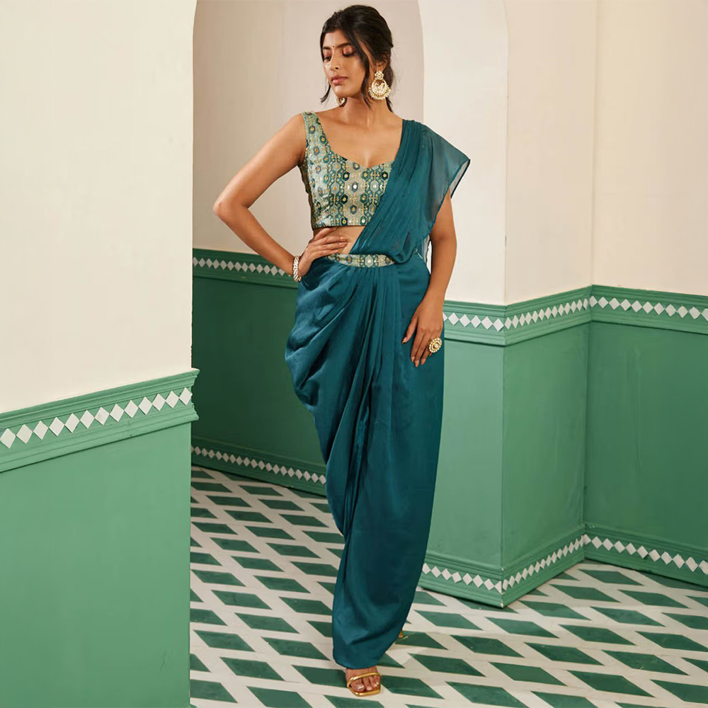 Alaya by Stage3 Sajda Teal Draped Dhoti Sari with Stitched Blouse