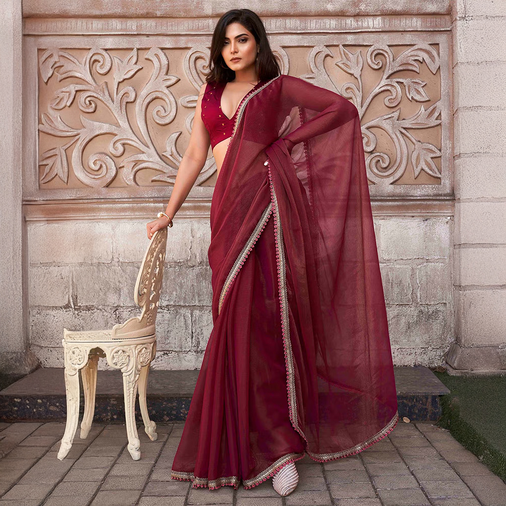 Tikhi Imli Maroon Shimmer Chiffon Saree with Unstitched Blouse