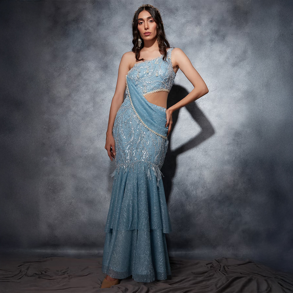 Saaj by Ankita Blue One Shoulder Mermaid Saree Gown with Stitched Blouse