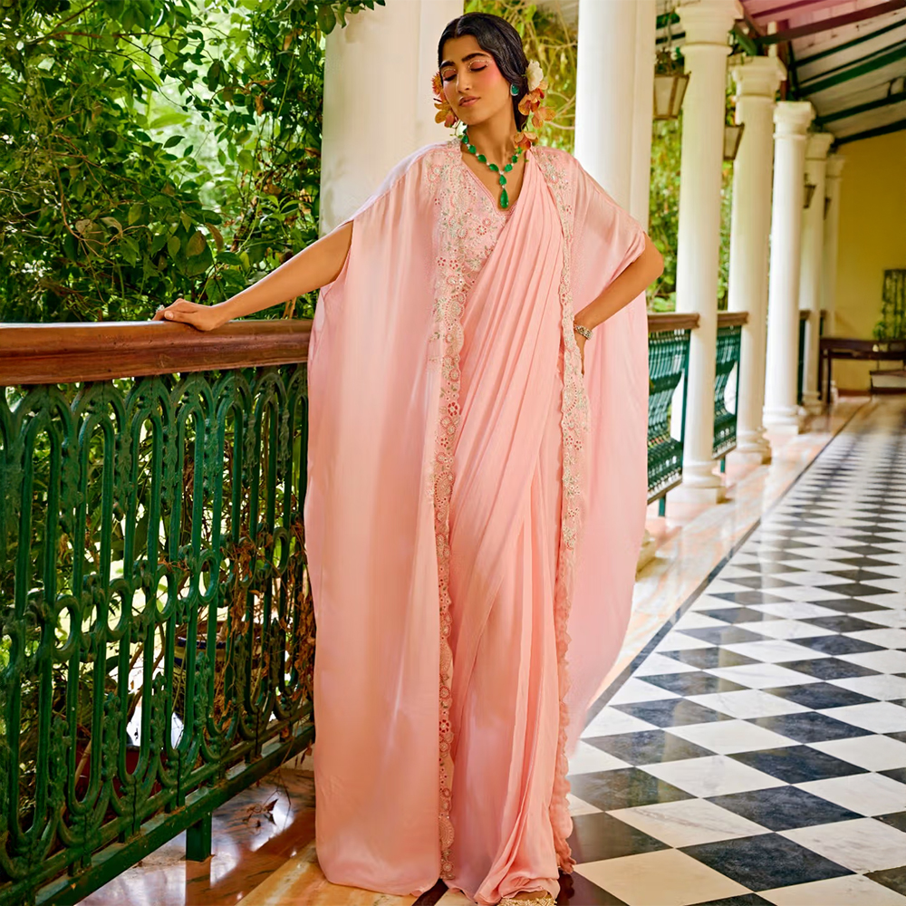 1999AD Pink Pre-Stitched Saree With Stitched Blouse And Cape