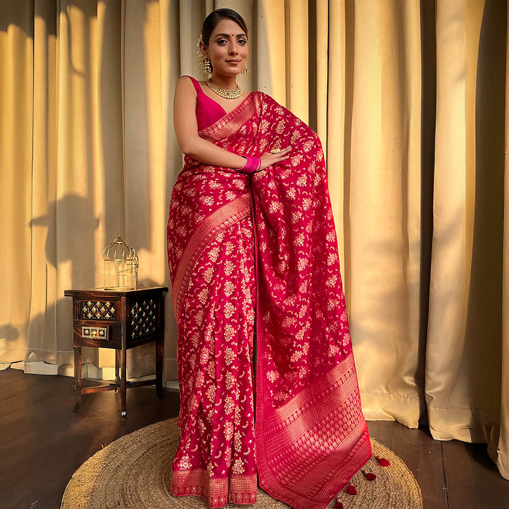 ZILIKAA Queen Pink Banarasi Uppada Silk Saree with Unstitched Blouse