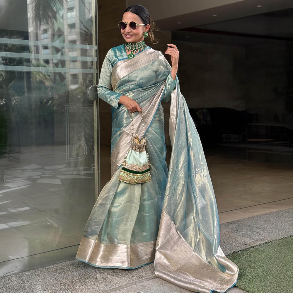 Zal from Benaras Sky Blue Pure Tissue Silk Banarasi Handloom Saree with Unstitched Blouse